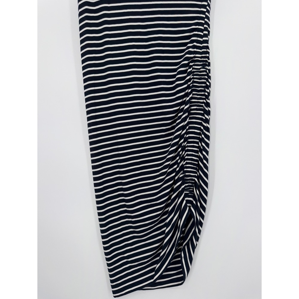 Veronica Beard Jeans Navy White Striped Ruched Padded Shoulder Midi Dress S - Picture 5 of 13
